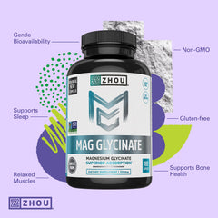 Zhou Magnesium Glycinate label closeup communicates vegan, non-GMO, gluten-free purity.