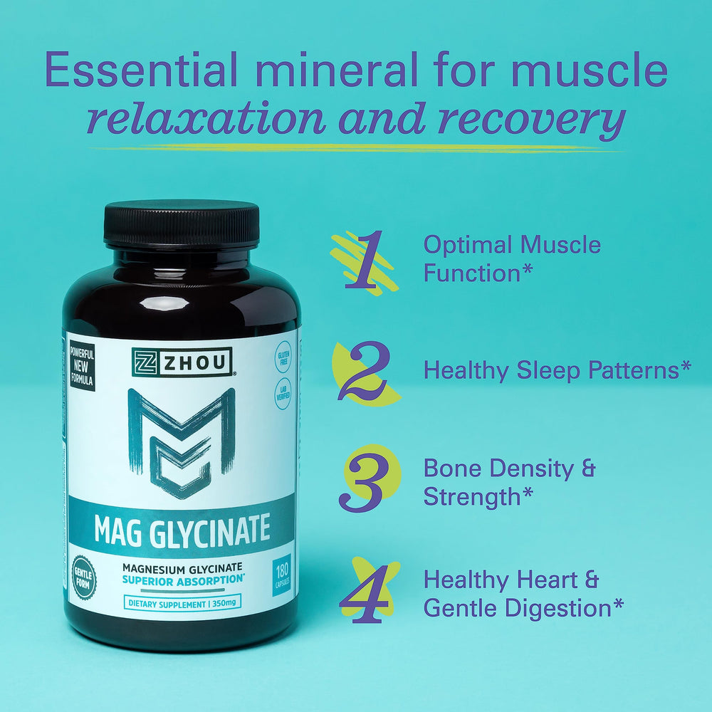 Zhou Magnesium Glycinate serving closeup shows 350 mg per serving for balanced intake.