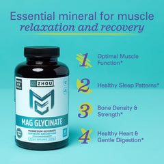 Zhou Magnesium Glycinate serving closeup shows 350 mg per serving for balanced intake.