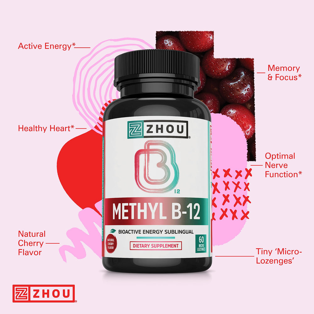 ZHOU Methyl B12 bottle packaging highlighting 60 lozenges and vegan formula.