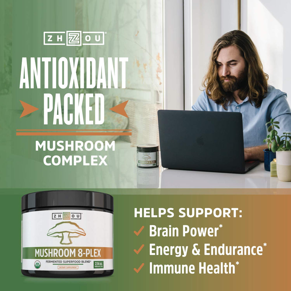 ZHOU Mushroom 8-Plex label closeup highlights ingredients