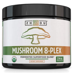 ZHOU Mushroom 8-Plex powder tin showing texture for natural energy