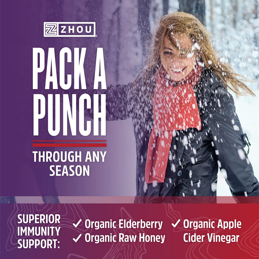 Zhou Nutrition Elder-Mune+ syrup with elderberries and honey in focus