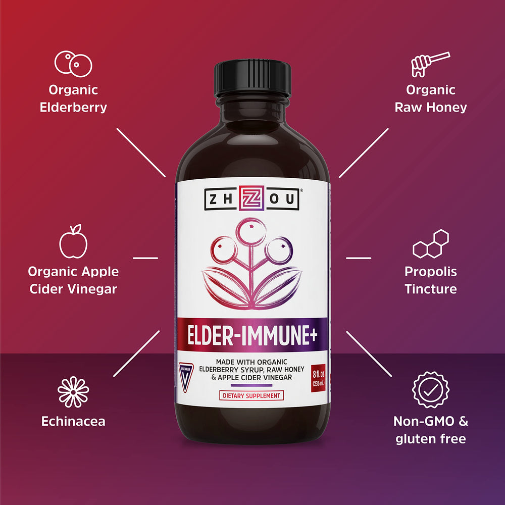 Zhou Nutrition Elder-Mune+ syrup drizzle of honey over spoon