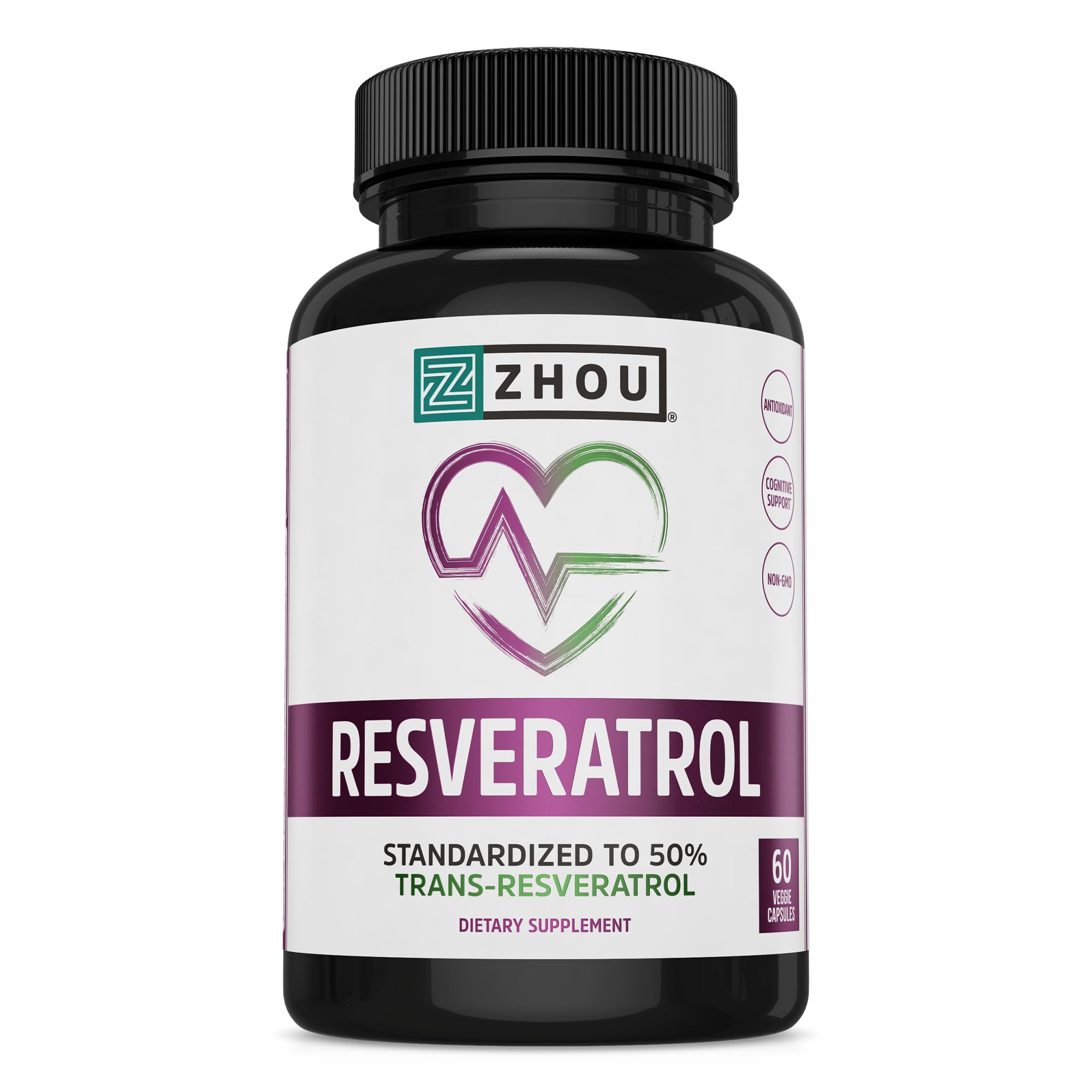 ZHOU Resveratrol bottle front, showcasing high-strength antioxidant support for healthy aging.
