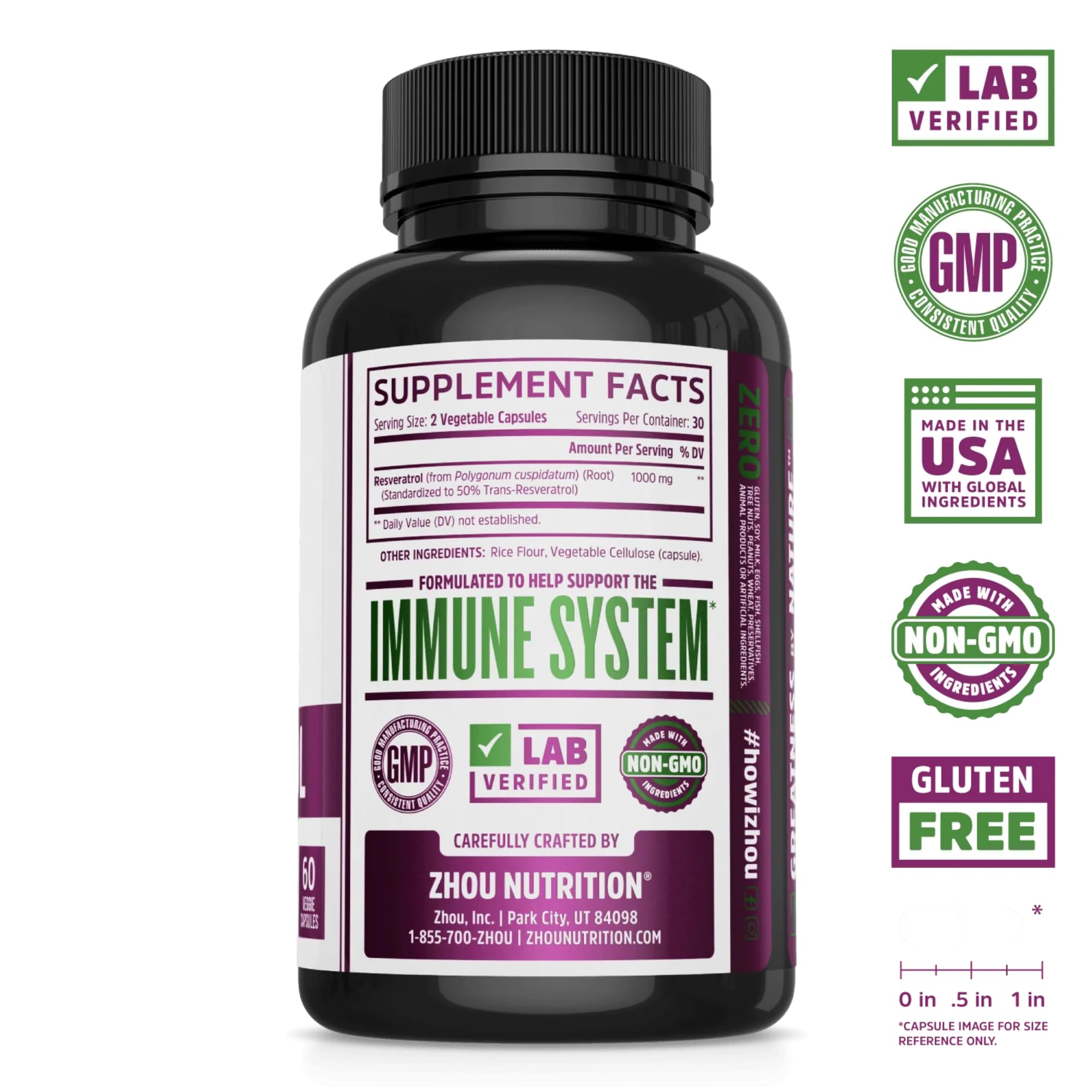 ZHOU Resveratrol capsules close-up highlighting 1000mg high potency formula.