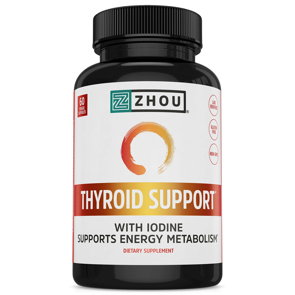 ZHOU Thyroid Support bottle front shows veggie capsules for daily thyroid balance