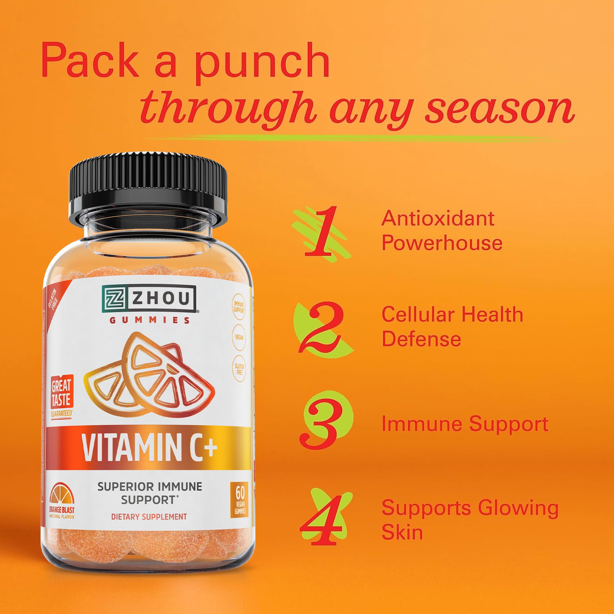 ZHOU Vitamin C Gummies bioflavonoids and acerola highlight in vegan formula