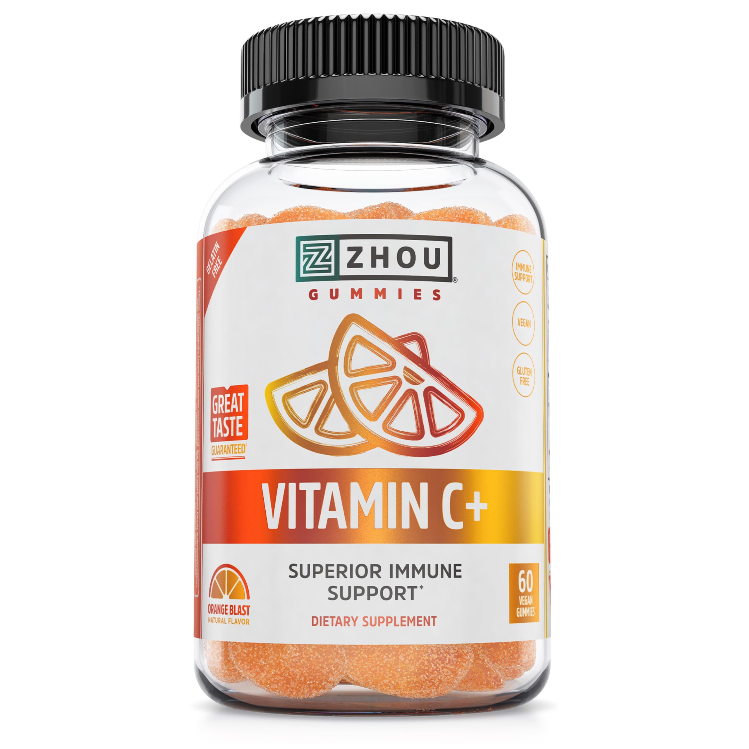 ZHOU Vitamin C Gummies bottle-front shows orange flavor and vegan formula for immune support