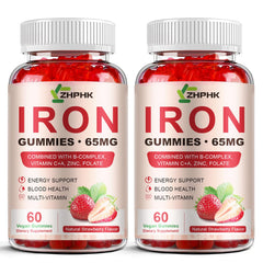 ZHPHK iron gummies bottle closeup showing 65 mg iron for daily energy support