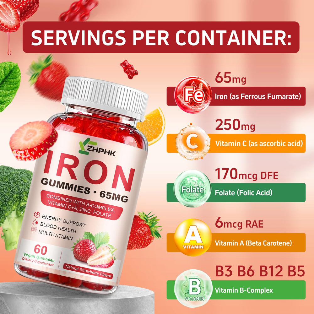 ZHPHK iron gummies kids-friendly bottle scene encouraging daily supplementation