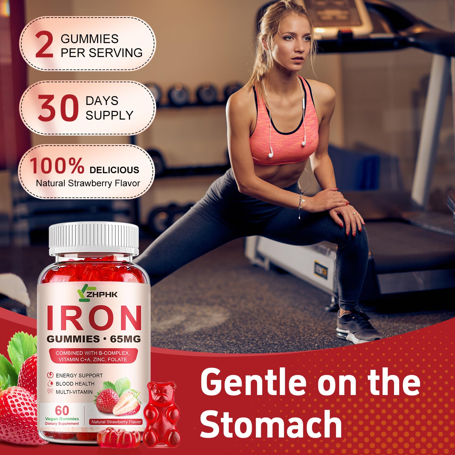 ZHPHK iron gummies nutrition label highlighting 65mg iron