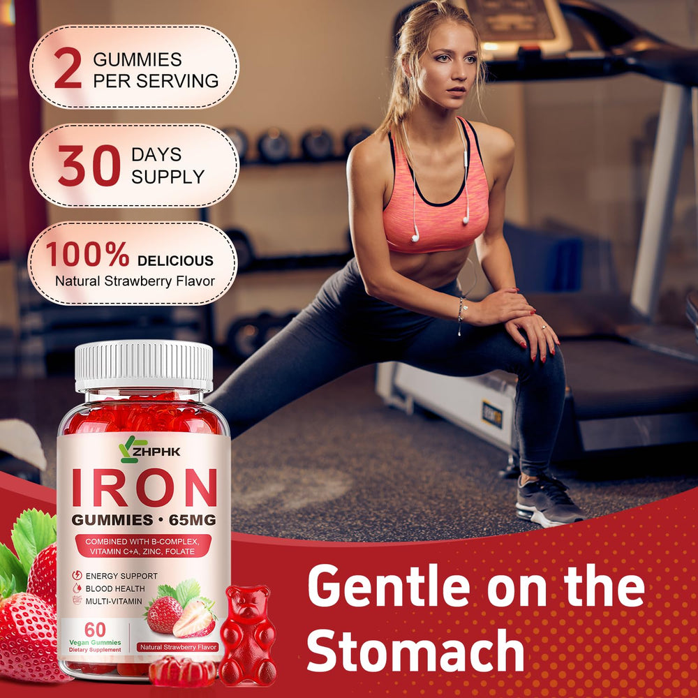ZHPHK iron gummies nutrition label highlighting 65mg iron