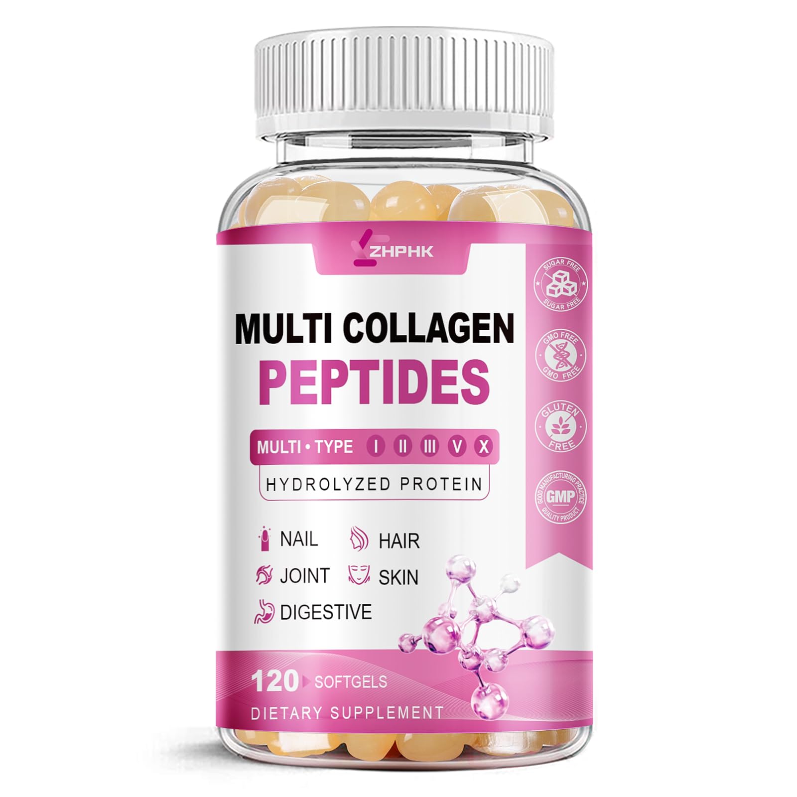 ZHPHK Multi Collagen pills bottle front supports skin, hair, and nails