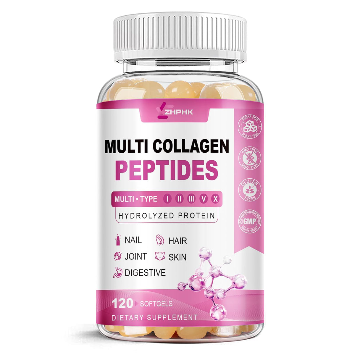 ZHPHK Multi Collagen pills bottle front supports skin, hair, and nails