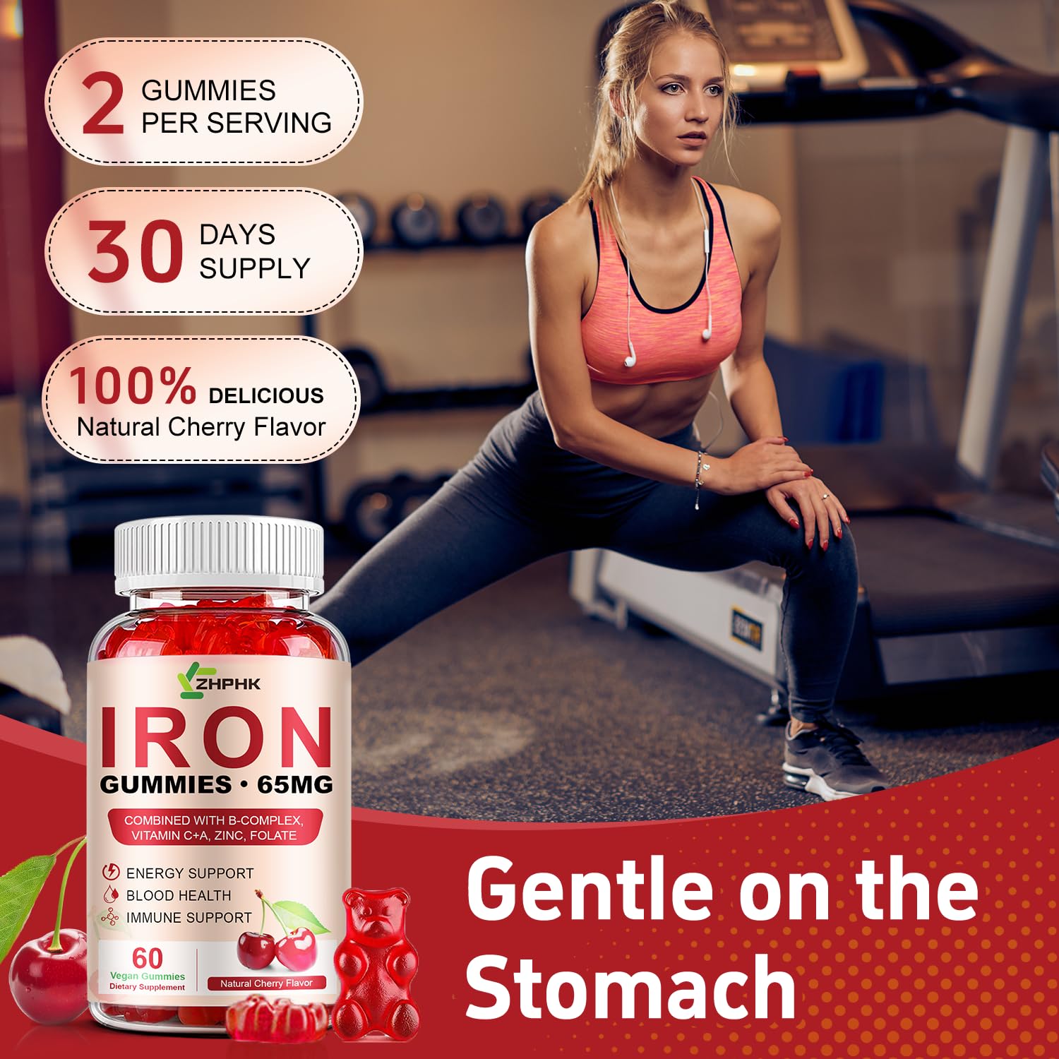 ZHPHK Iron Gummies bottle pouring into glass for daily routine
