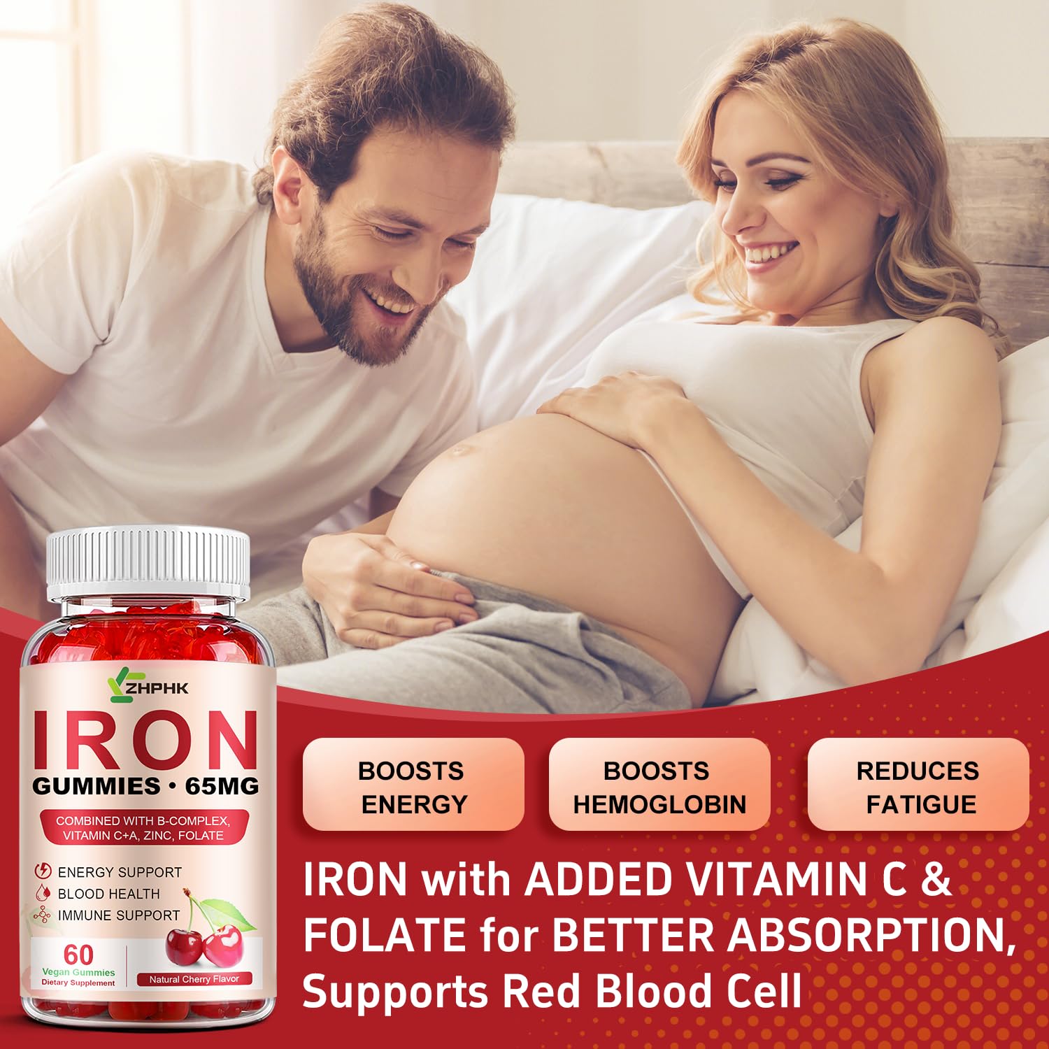 ZHPHK Iron Gummies ingredients list: folate, zinc, Vitamin C
