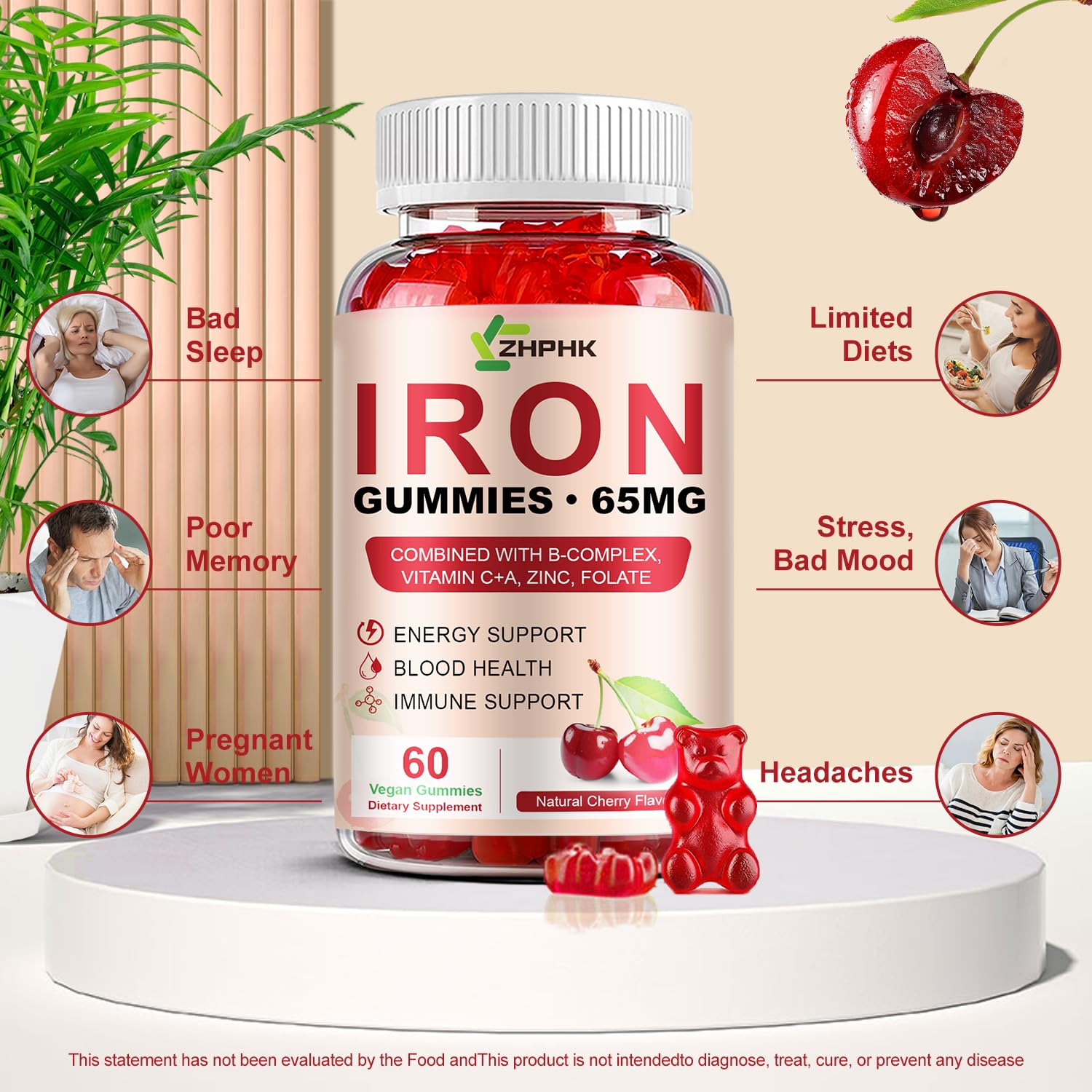 ZHPHK Iron Gummies non-GMO and gluten-free on packaging