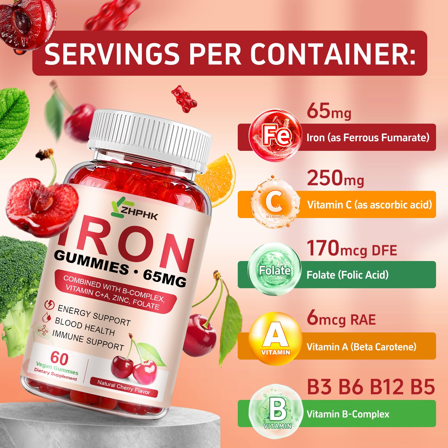 ZHPHK Iron Gummies label highlighting vitamin C for iron absorption