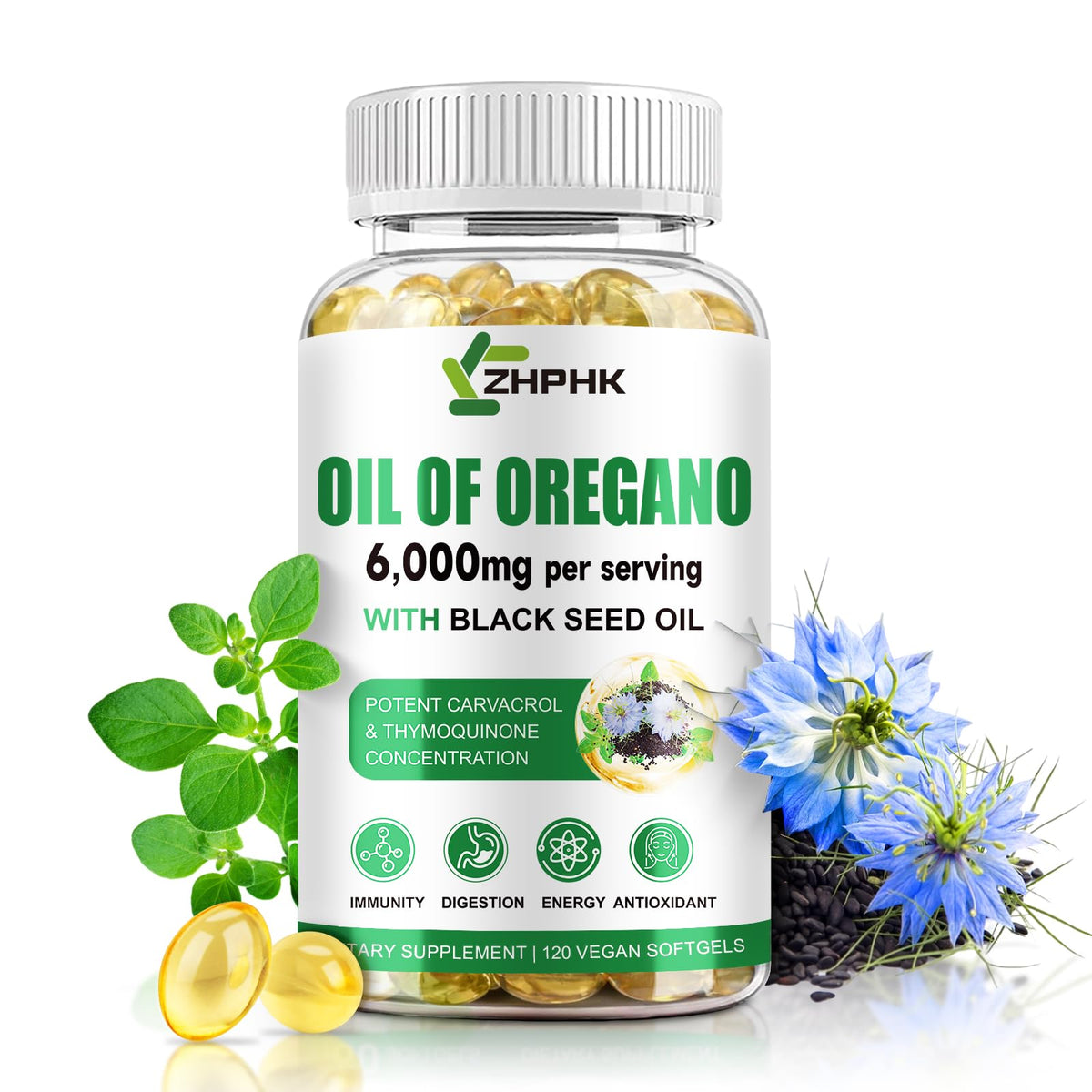 ZHPHK Oil of Oregano with Black Seed Oil bottle supports daily immune and digestive wellness.