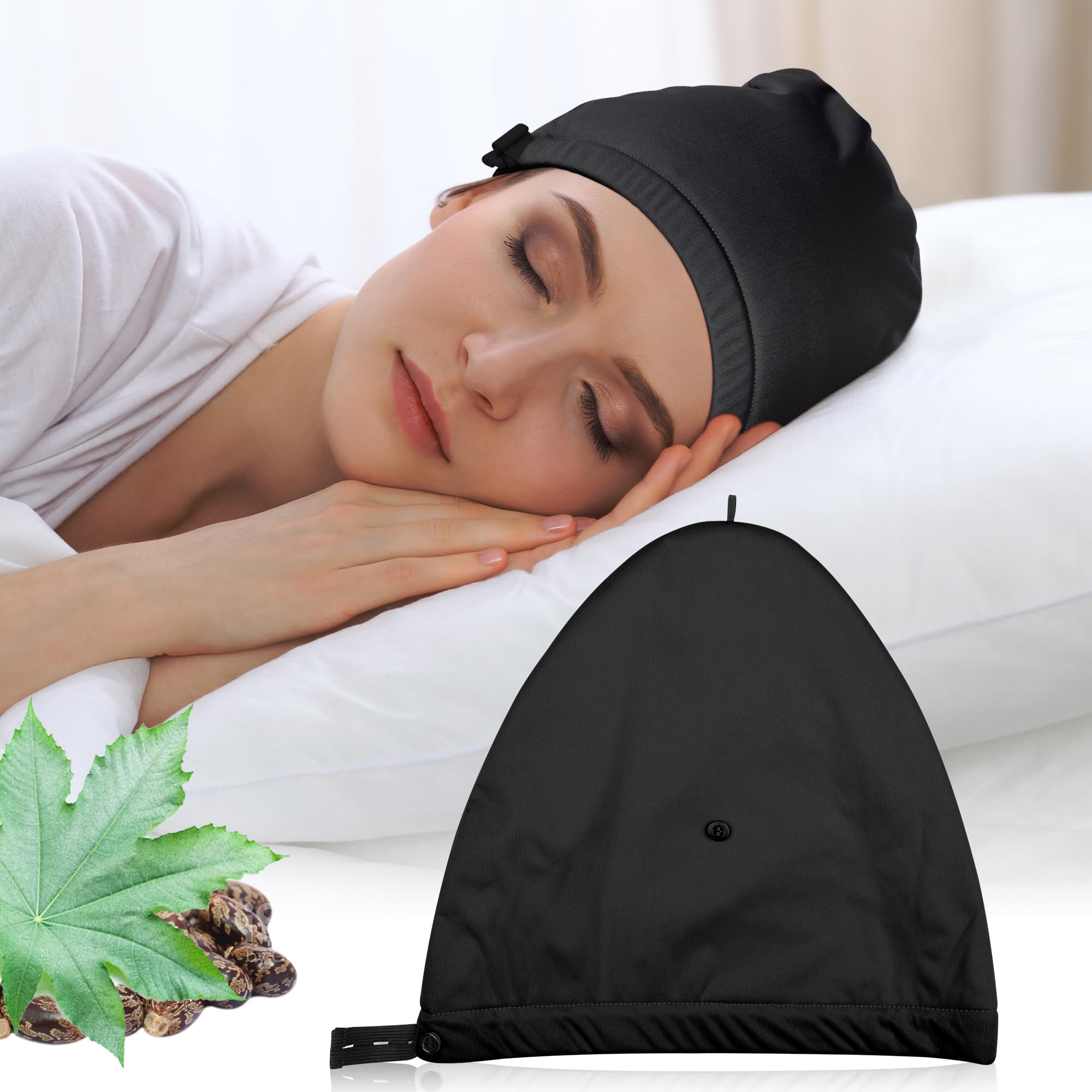 ZINGTERRA Castor Oil Pack Wrap head-on-sleep demonstrates overnight hair nourishment with organic cotton comfort.