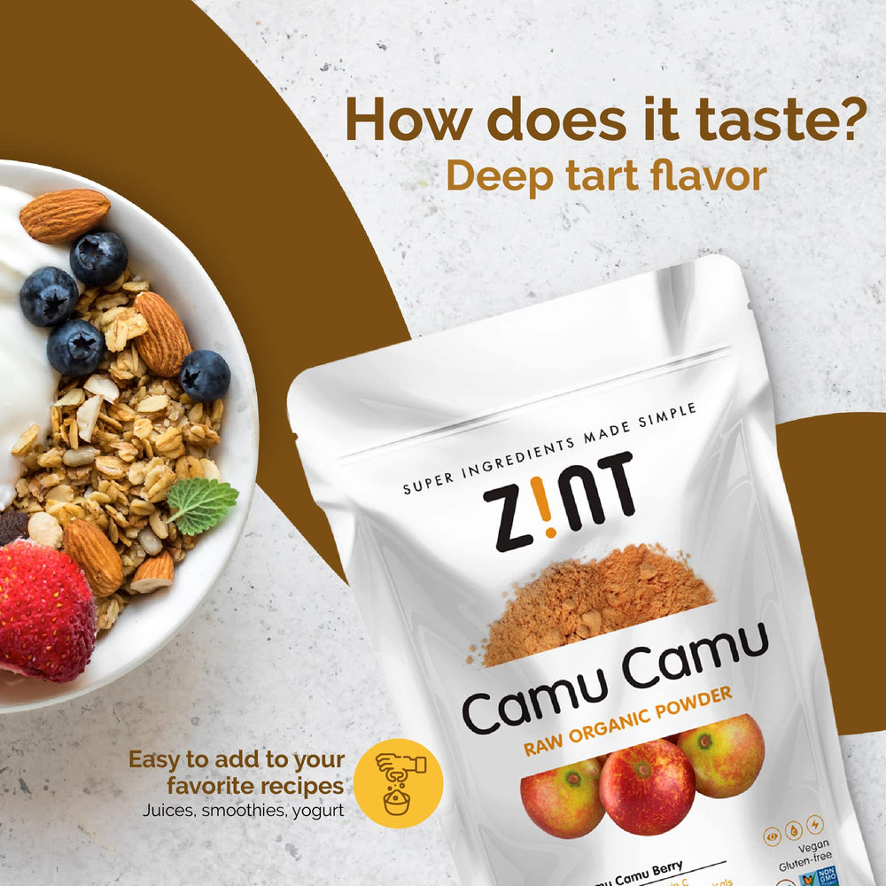 Label on Zint Camu Camu powder showing organic and non-GMO attributes.