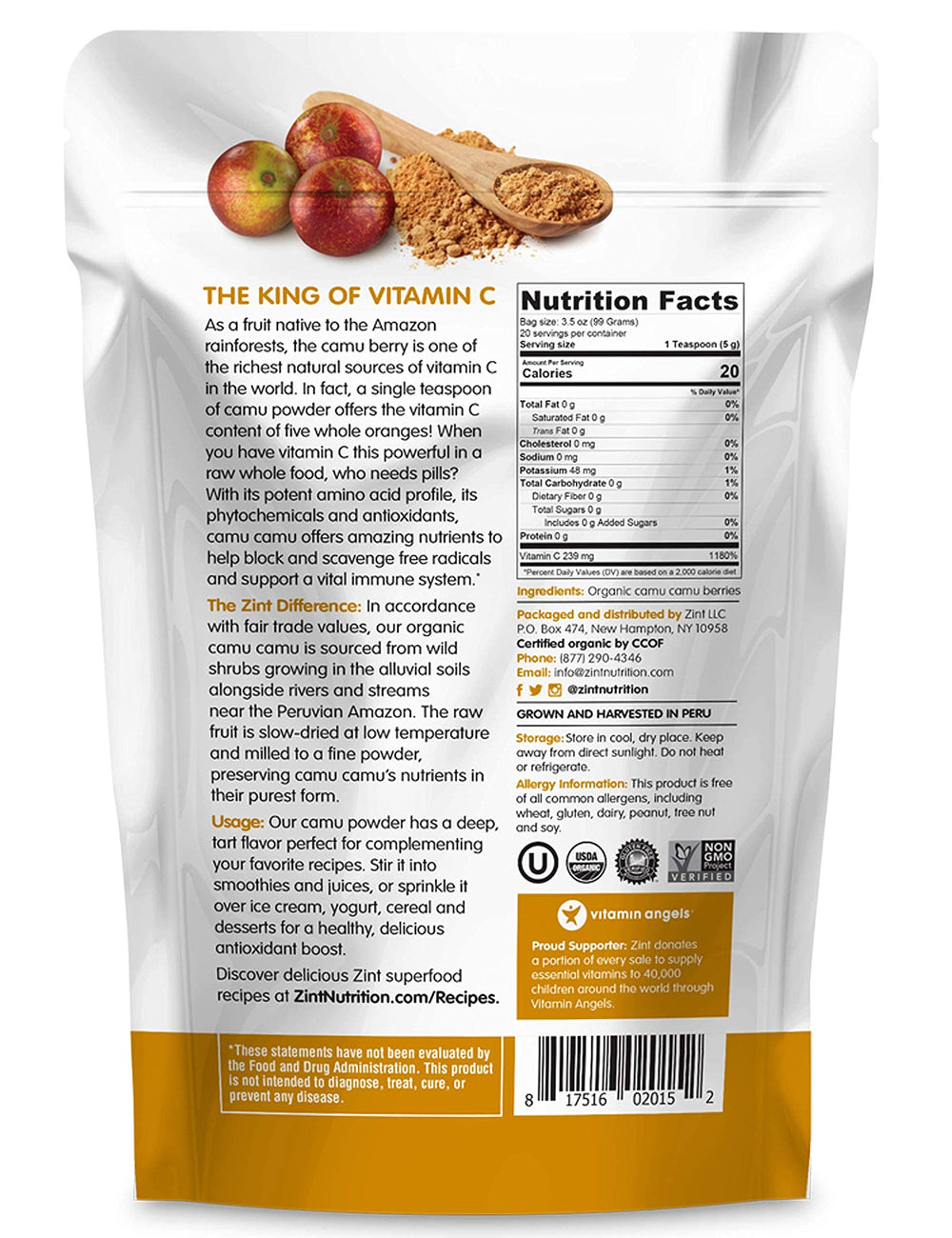 Packaging of Zint Camu Camu powder emphasizing 3.5 oz size.