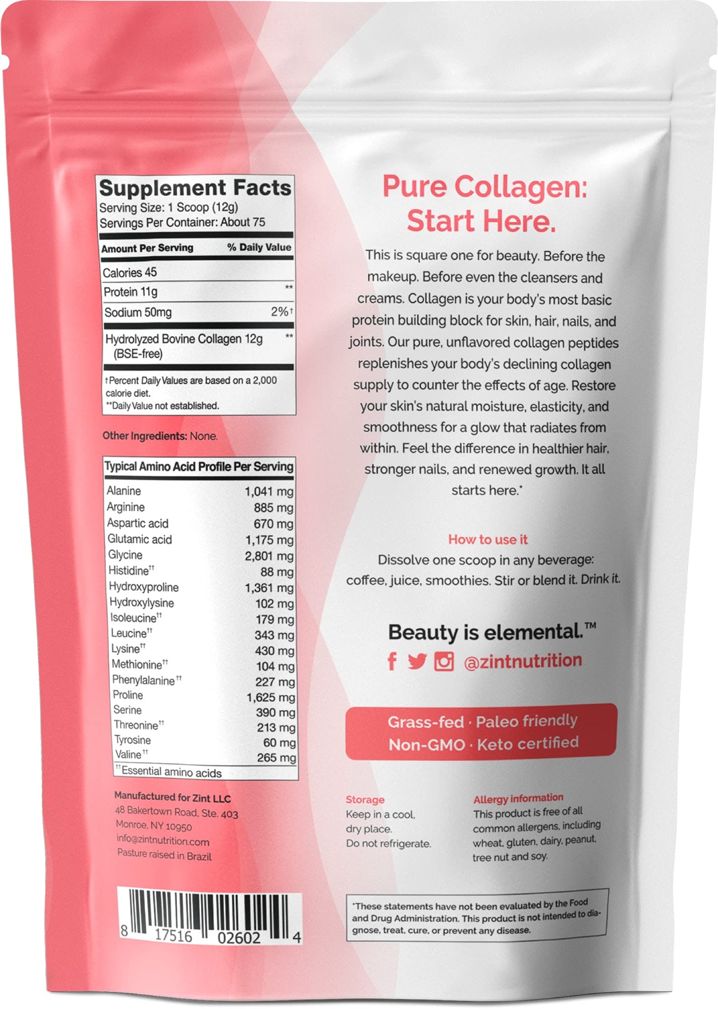 Zint Collagen Peptides sourced from grass-fed cattle for quality.