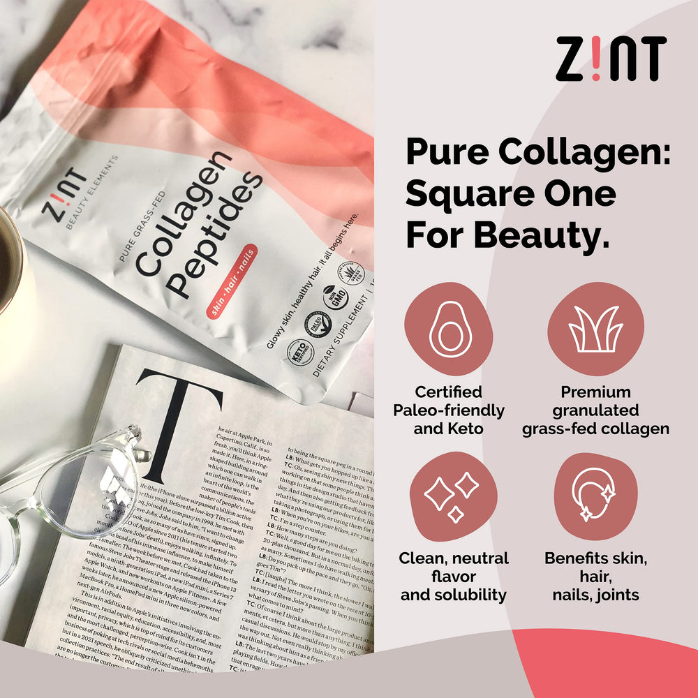 Zint Collagen Peptides powder stirred into coffee for a neutral flavor boost.