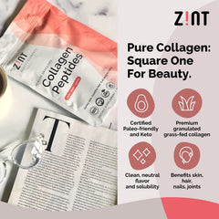 Zint Collagen Peptides powder stirred into coffee for a neutral flavor boost.