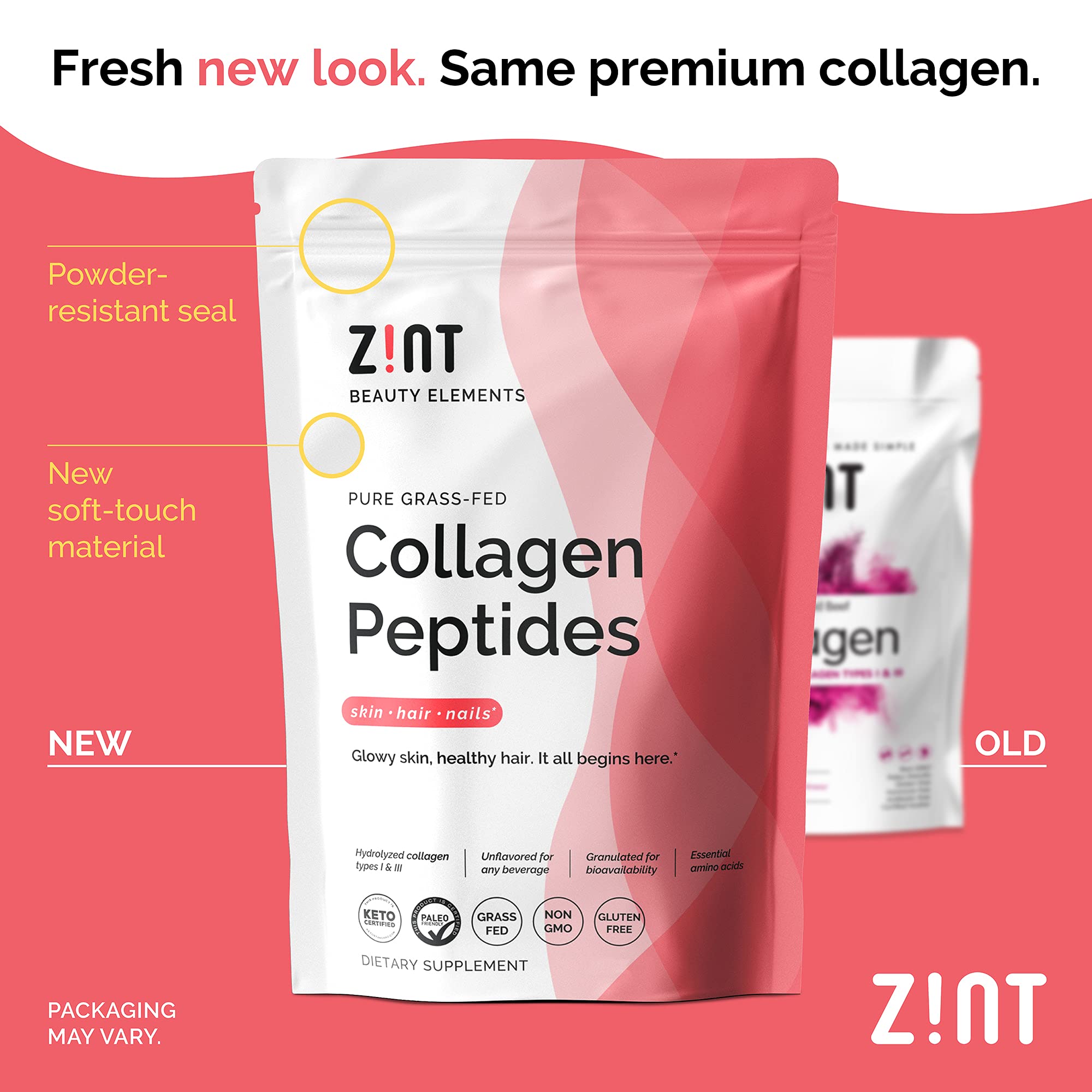 Zint Collagen Peptides powder being scooped from the jar for easy mixing.
