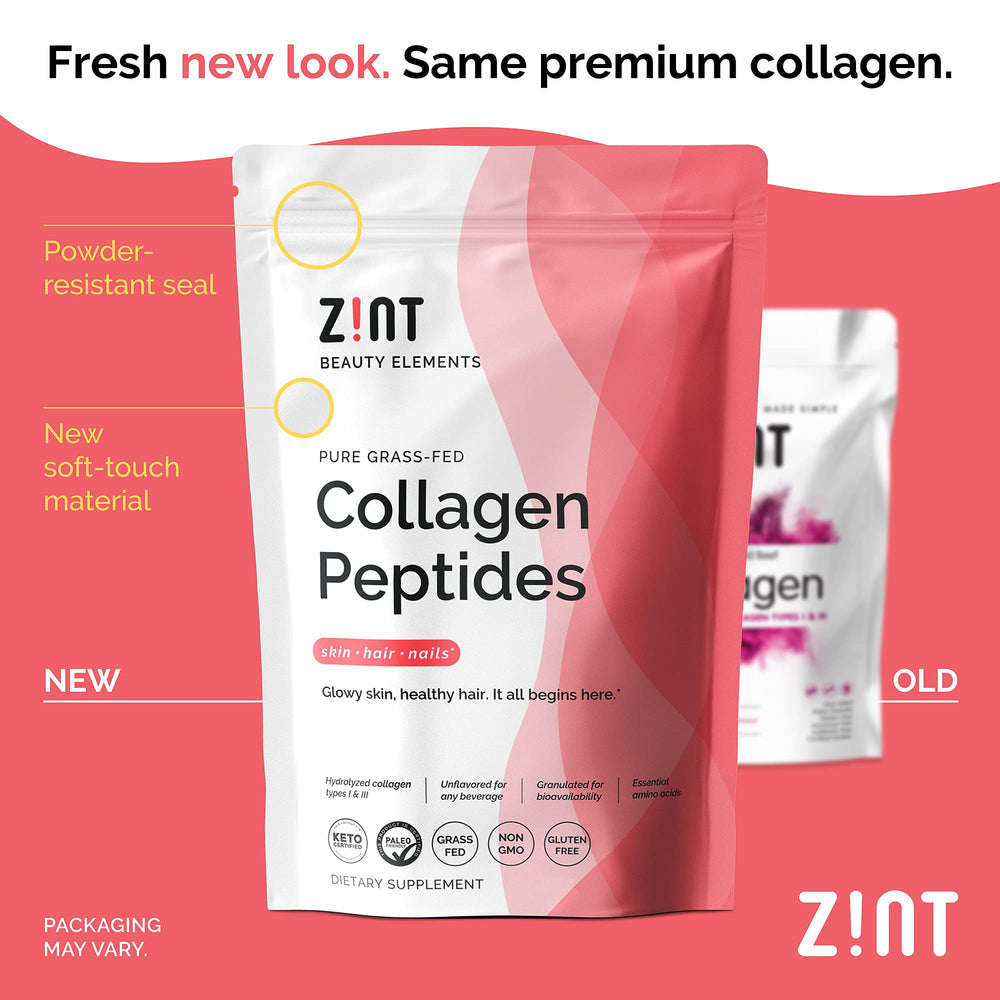 Zint Collagen Peptides powder being scooped from the jar for easy mixing.