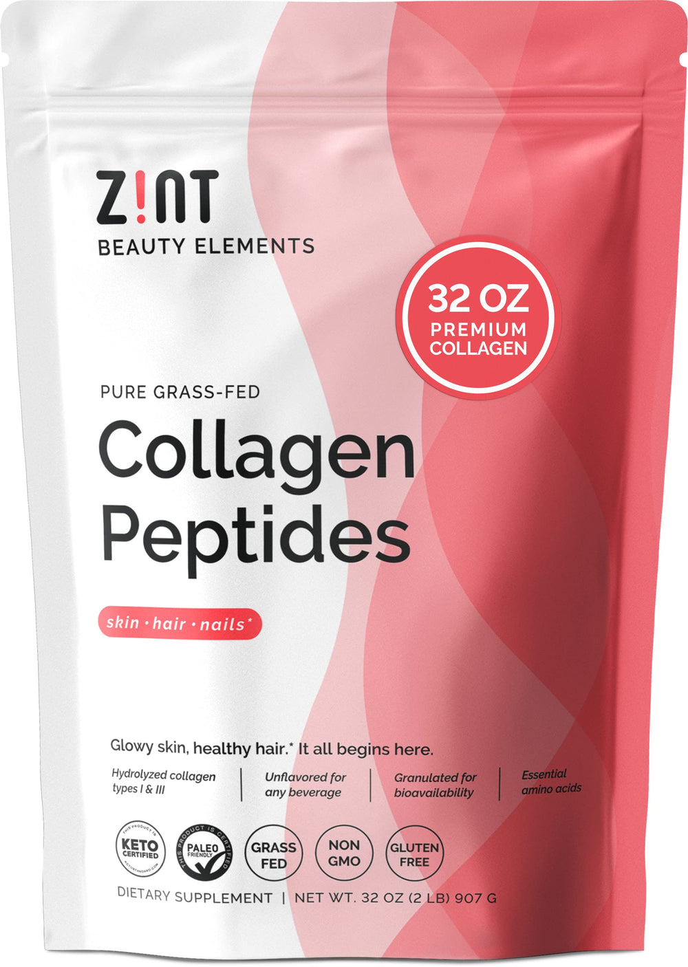 Zint Collagen Peptides powder tub closeup for daily beauty and joint support.