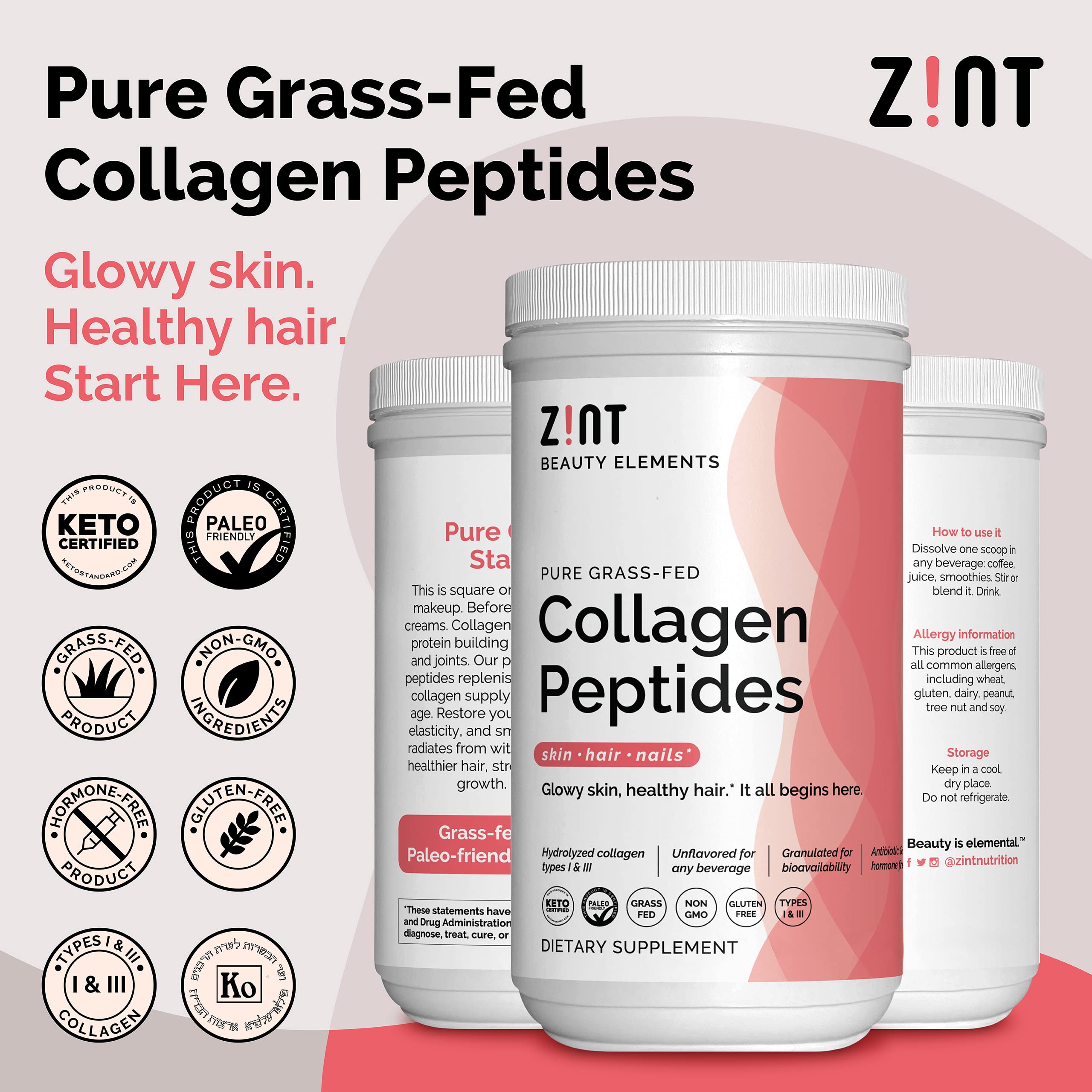 Zint Collagen Peptides XL bottle back, hydrolyzed formula for fast absorption.