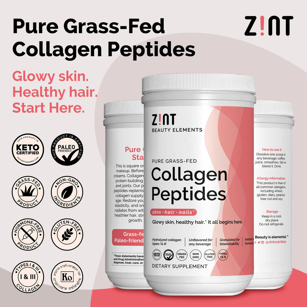 Zint Collagen Peptides XL bottle back, hydrolyzed formula for fast absorption.