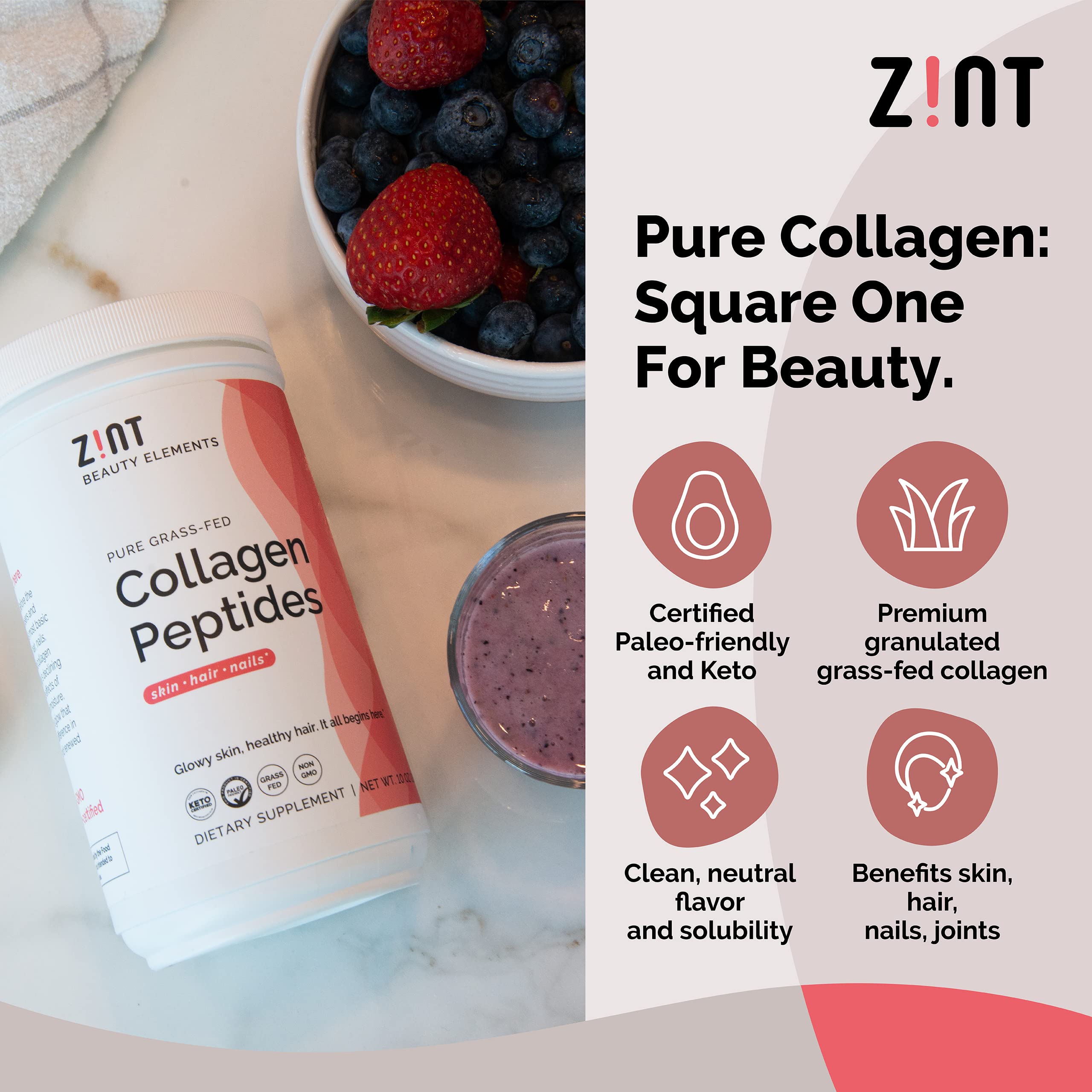 Zint Collagen Peptides XL packaging sleeve showing paleo and keto friendly ingredient.