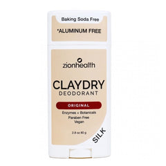 Zion Health Clay Dry Silk Original Deodorant stick being applied for smooth glide.
