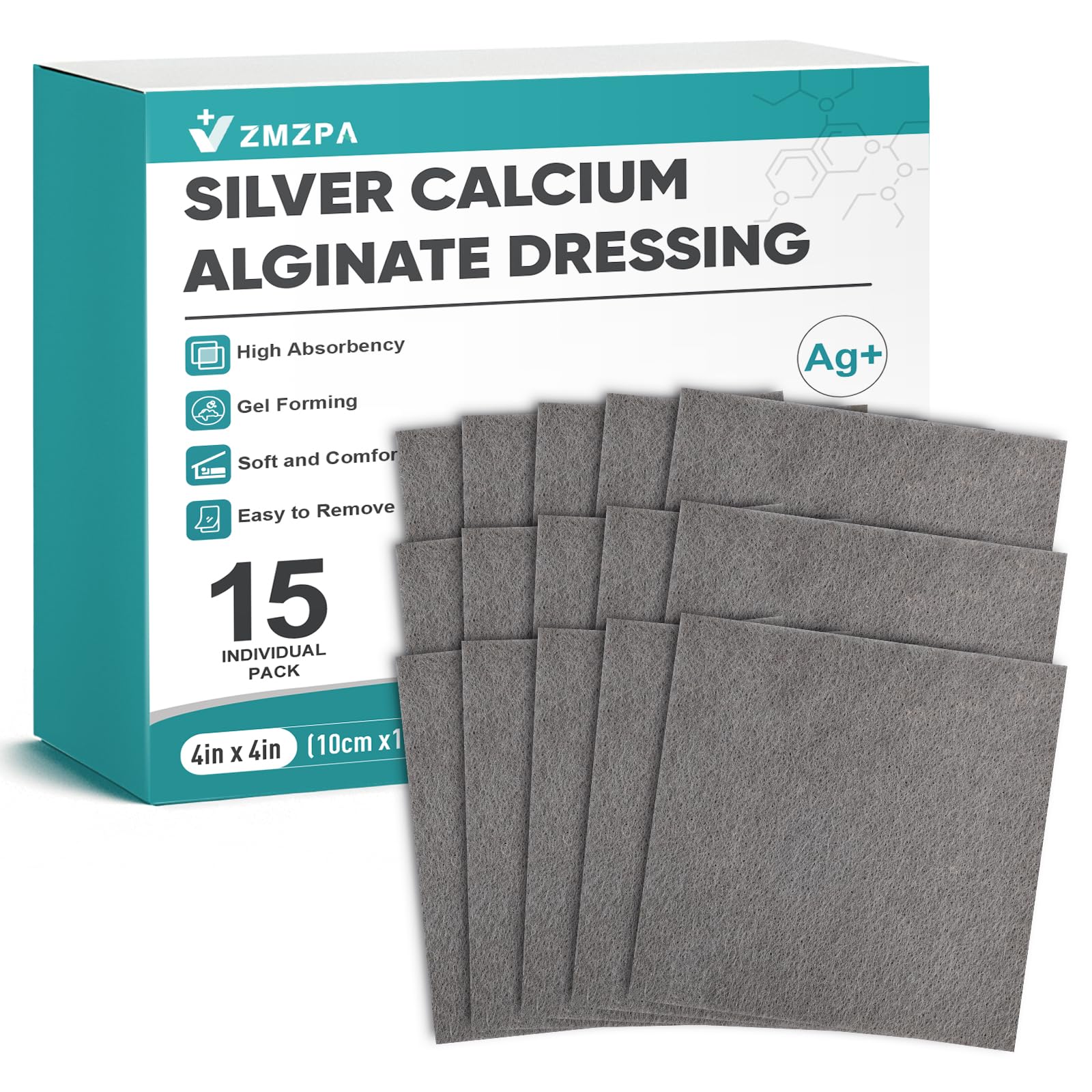 ZMZPA Ag Silver Calcium Alginate Dressing 4x4; sterile and individually packaged for wound care.