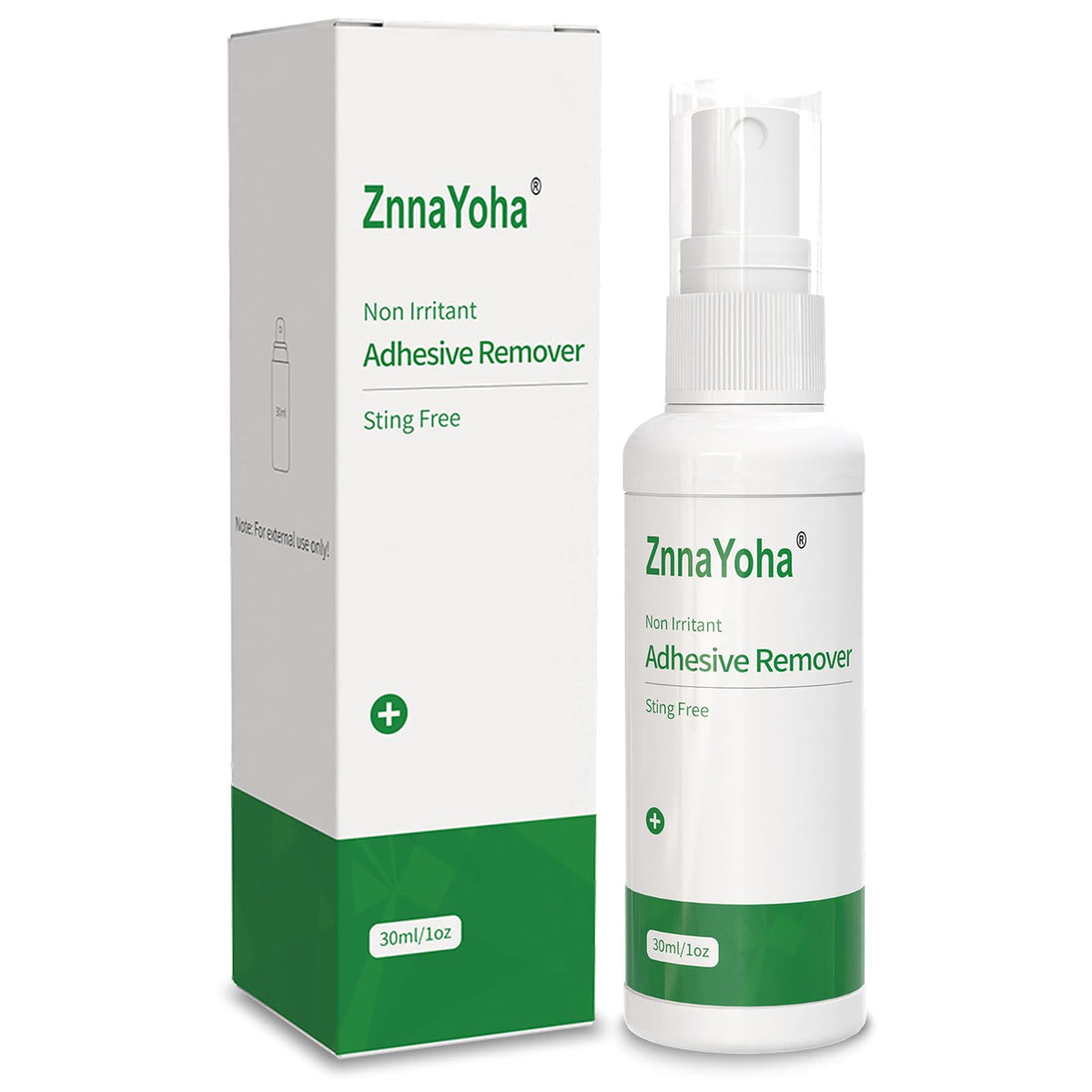 ZnnaYoha adhesive remover spray bottle demonstrates gentle, sting-free removal for sensitive skin.