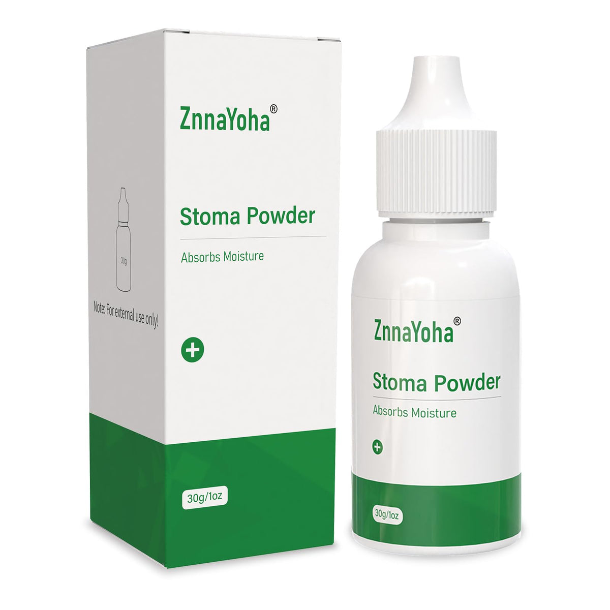 ZnnaYoha stoma powder bottle top enables precise, mess-free application around the stoma.