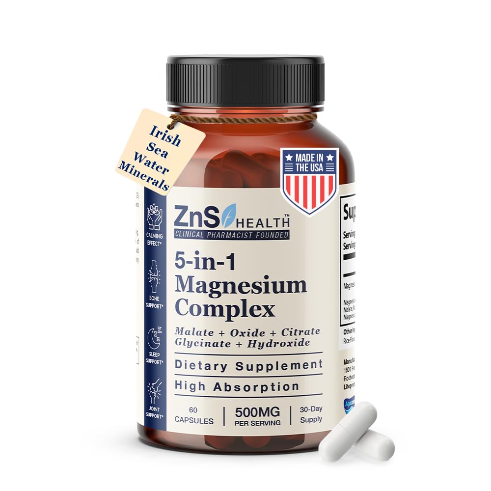 ZnS Health 5-in-1 magnesium complex bottle front view promoting daily energy