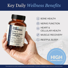 ZnS Health 5-in-1 magnesium complex label close-up vegan, non-GMO ingredients