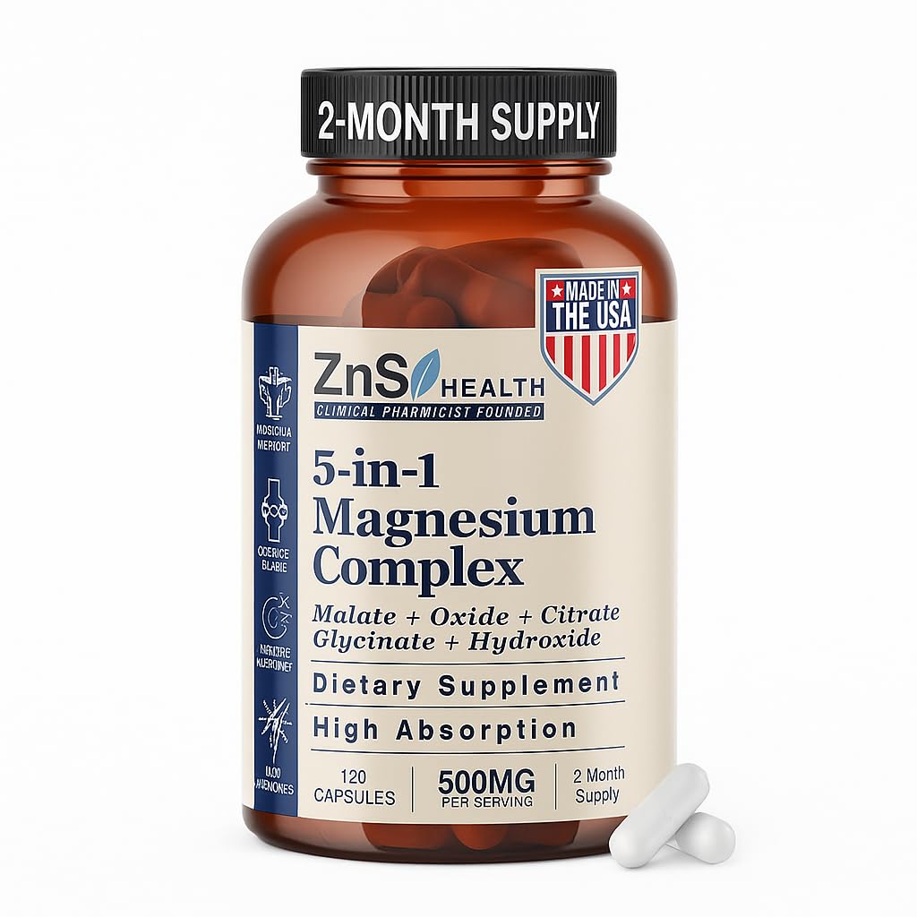 ZnS Health Magnesium Complex bottle with five-form blend for daily energy and calm.