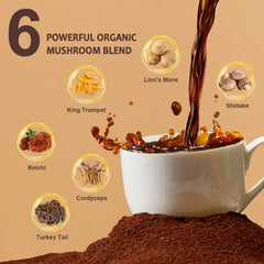 Steaming cup of ZOAAD Mushroom Coffee ready for focus during work.