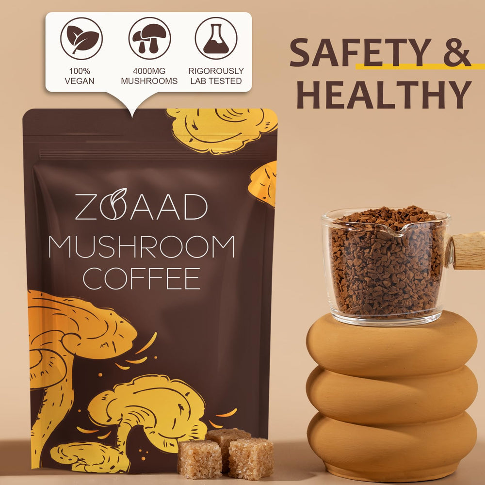 Ingredients label highlights six mushrooms in the blend.