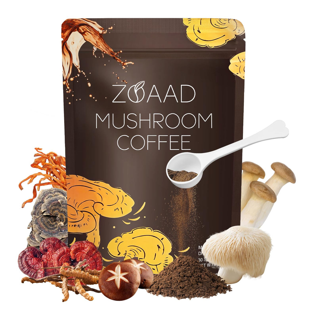 ZOAAD Mushroom Coffee pack front, ready for a focused morning.