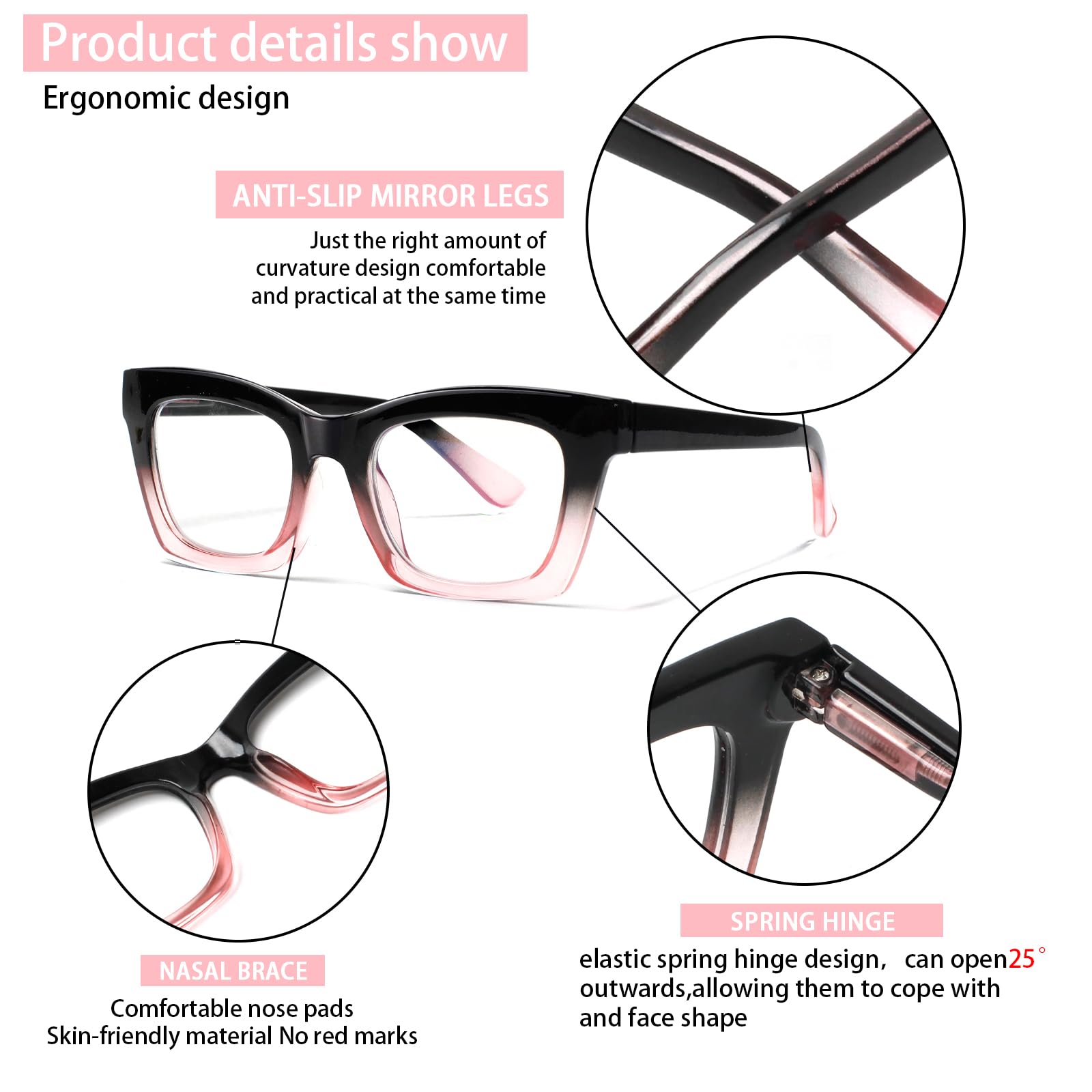 ZOECENT spring hinge design offers flexible comfort for all-day wear.