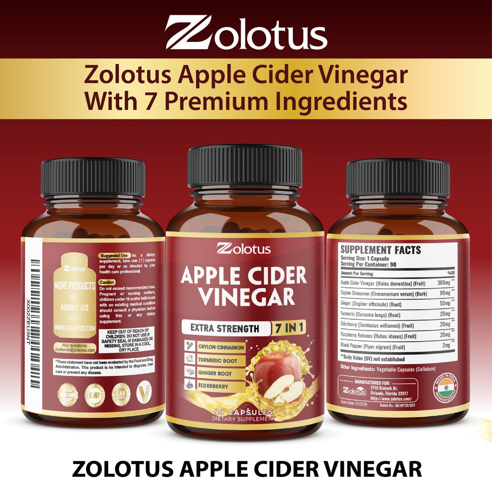 Zolotus 7 in 1 bottle with ingredients background evokes wholesome wellness.