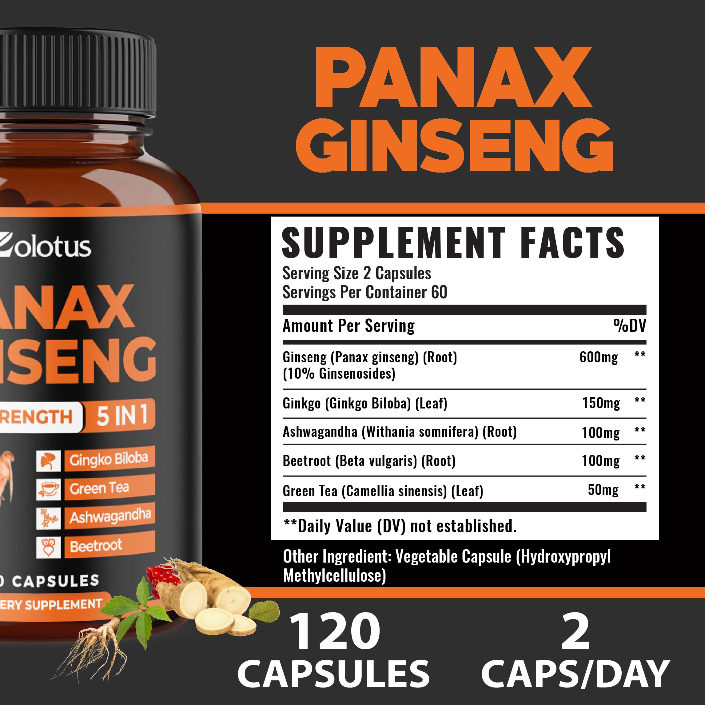 Blend of ginseng, ashwagandha, beetroot, and green tea in Zolotus capsules