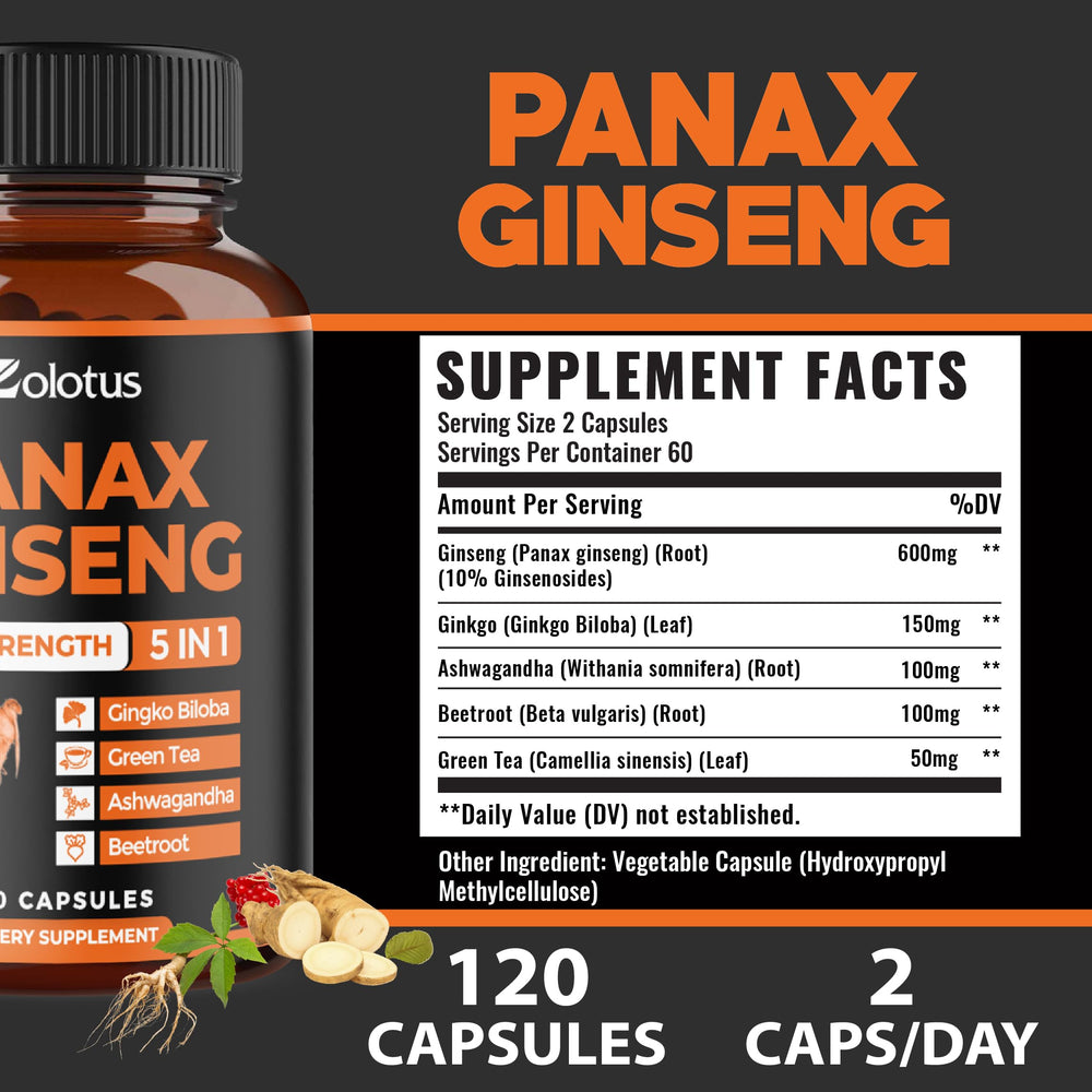 Blend of ginseng, ashwagandha, beetroot, and green tea in Zolotus capsules
